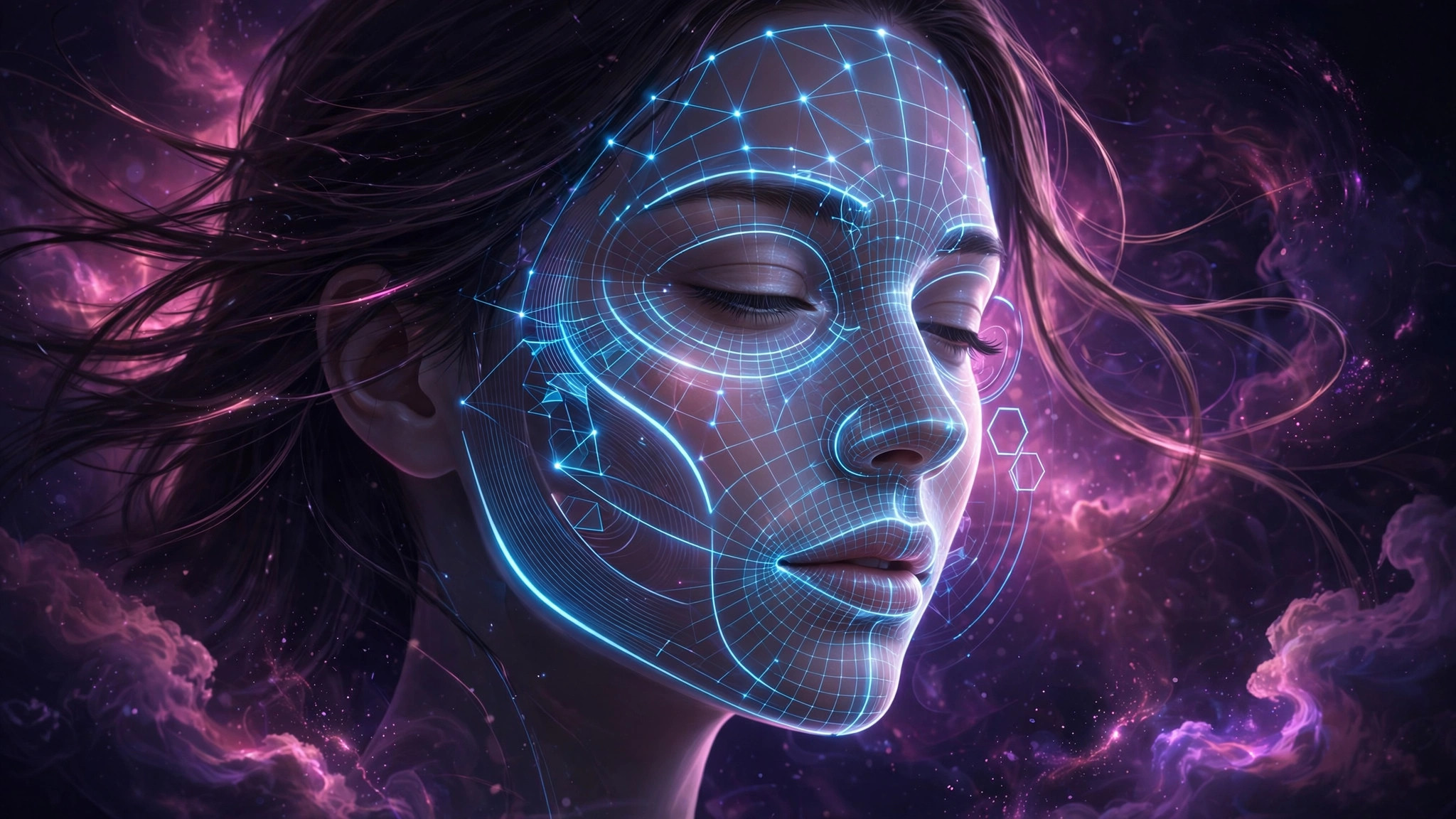 AI face analysis scanning mesh over a woman's face