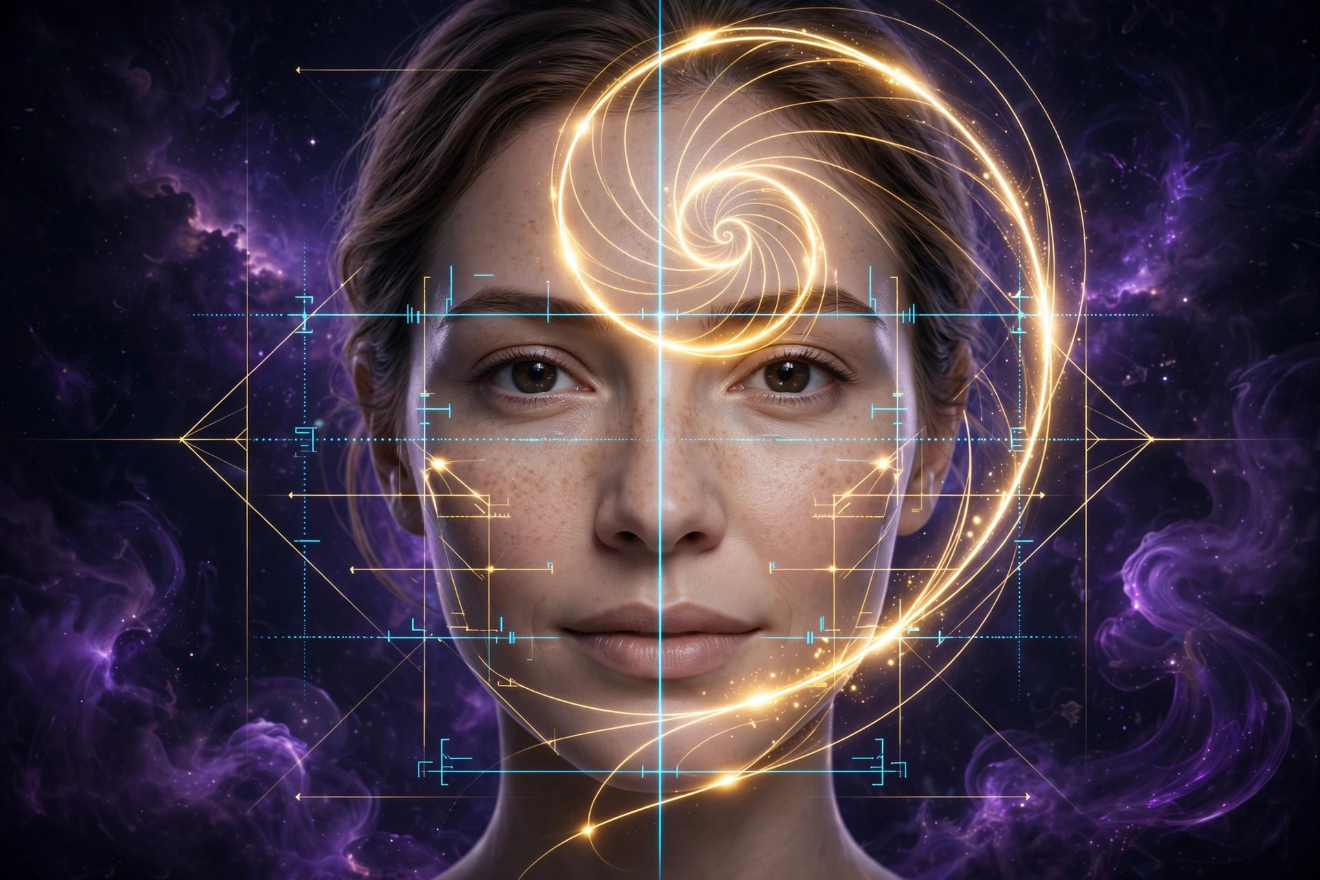 Golden ratio spiral and symmetry lines over a woman's face