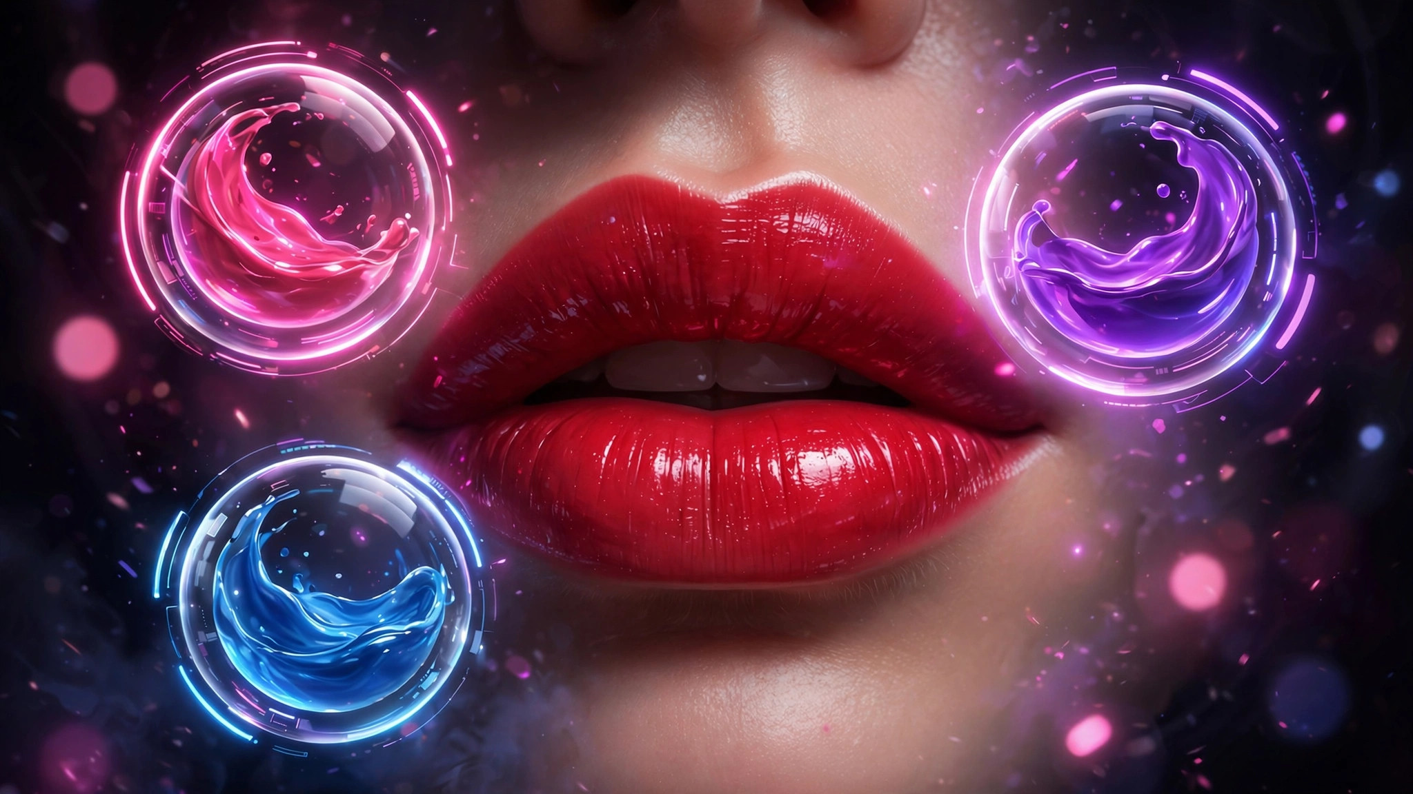 Woman's lips with red lipstick and floating AR shade orbs