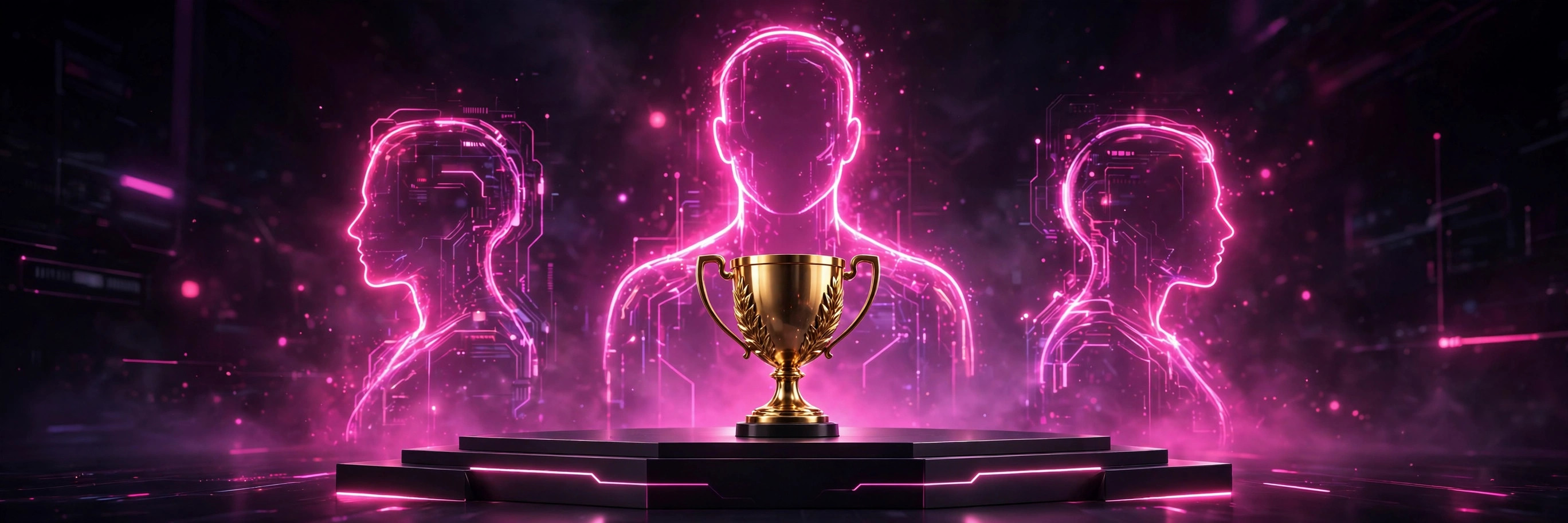 Golden trophy on a winner's podium with three glowing portrait silhouettes ranked top 3