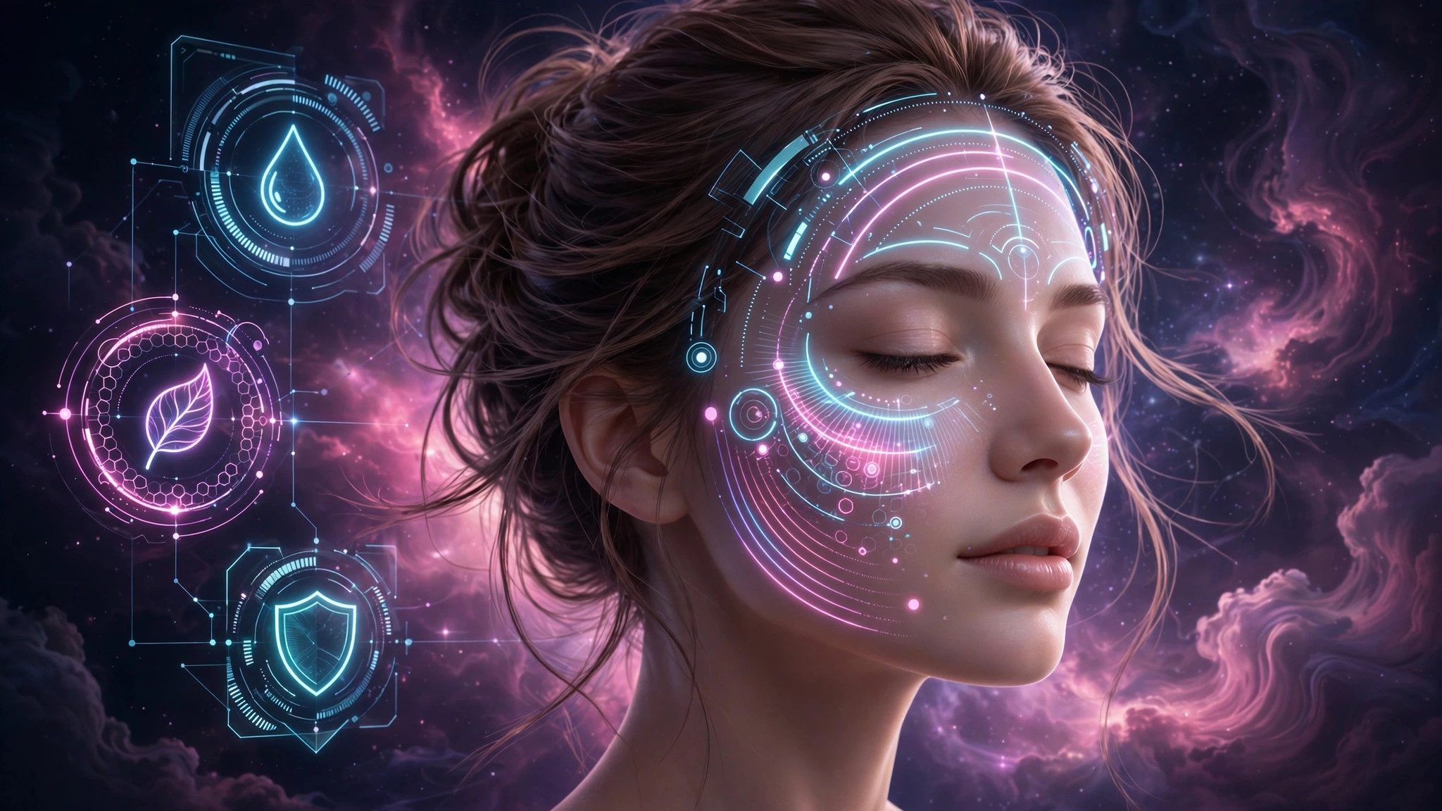 AI skin analysis HUD markers over skin texture