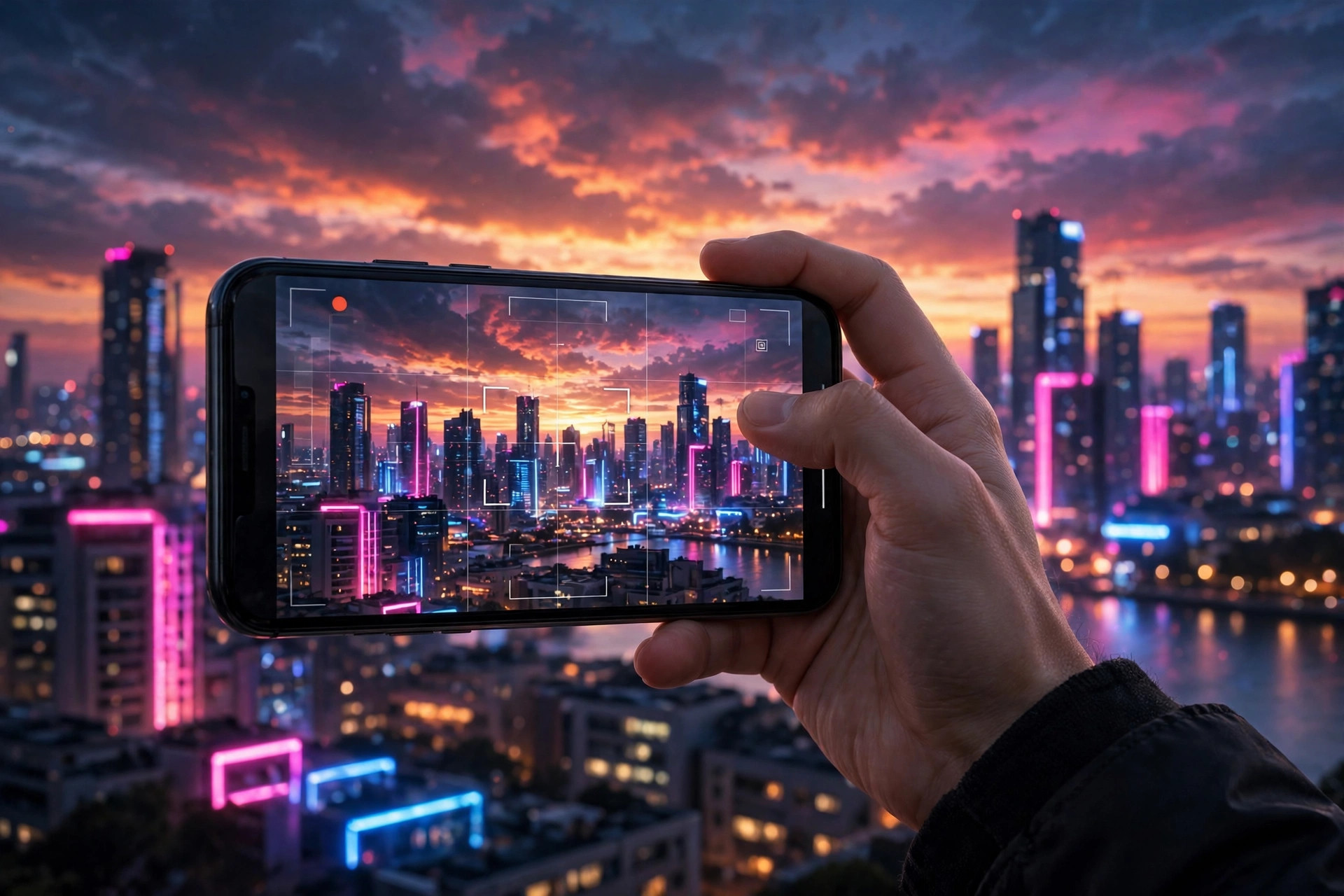 Hand holding smartphone filming a city skyline at dusk